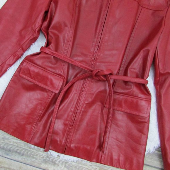 Express Zip Front Belted Leather Jacket Red - Picture 7 of 12